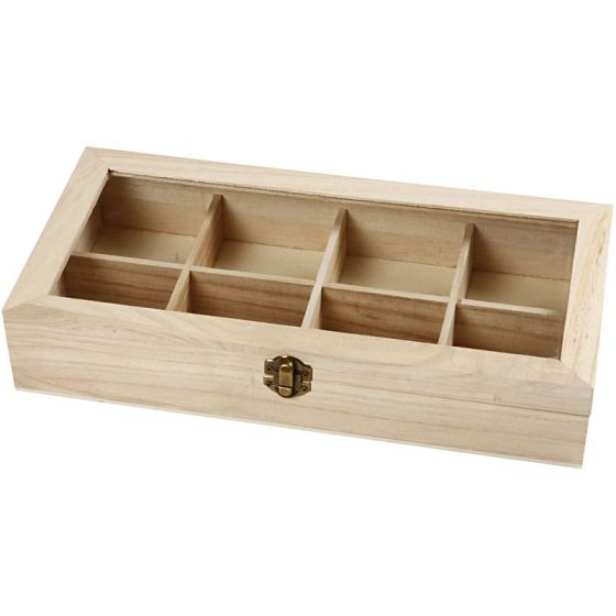 Seconds Quality - 8 Compartment Wooden Tea Box / Storage Box with Glass Lid