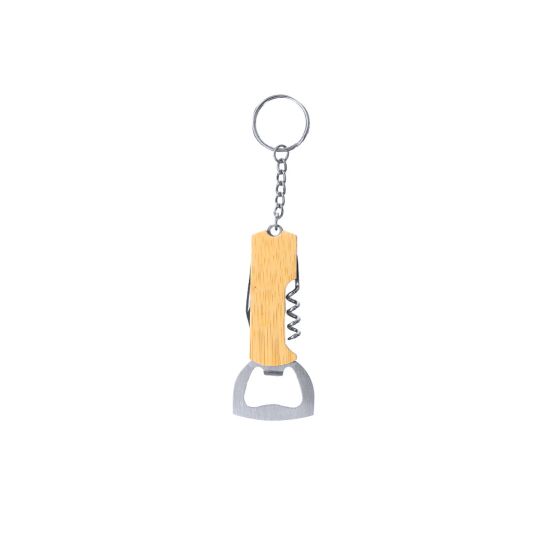 3-in-1 Bamboo Wine or Beer Tool Keyring with Bottle Opener, Corkscrew and Blade