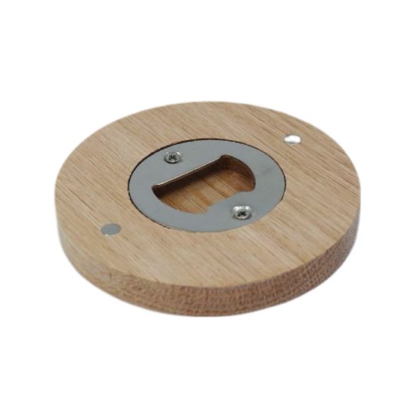 Unvarnished - 8cm Plain OAK Wood 2-in-1 MAGNETIC Round Bottle Opener Coaster / Beer or Drinks Mat